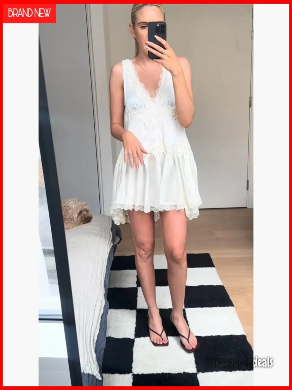 V Neck Lace Mini Slip Dress with Ruffle Hem Babydoll Y2K Boho Flowy Summer Dress - Picture 7 of 7